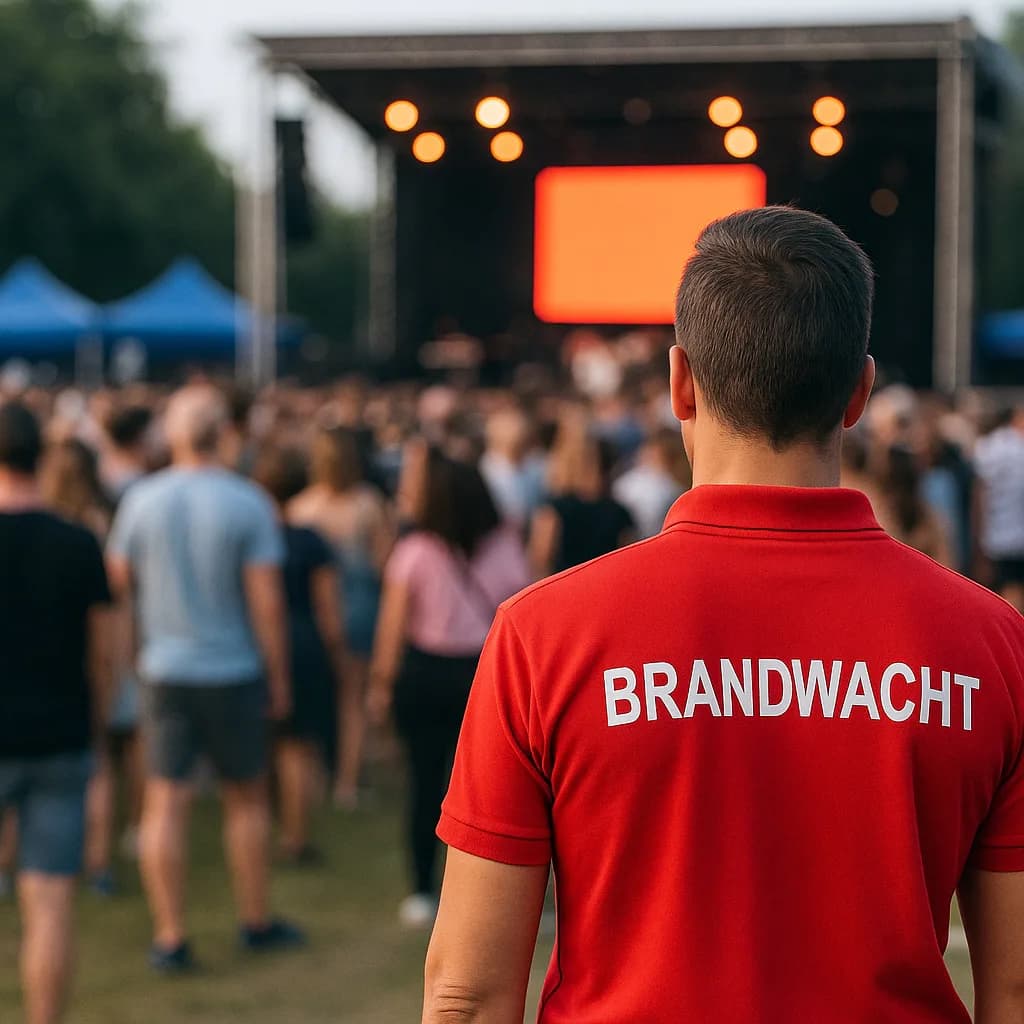 zelfstandige brandwacht houdt toezicht op een evenement met een buitenpodium