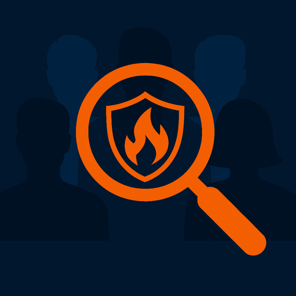 Brandweerprofessional controleert brandveiligheidsmaatregelen via vergrootglasillustratie